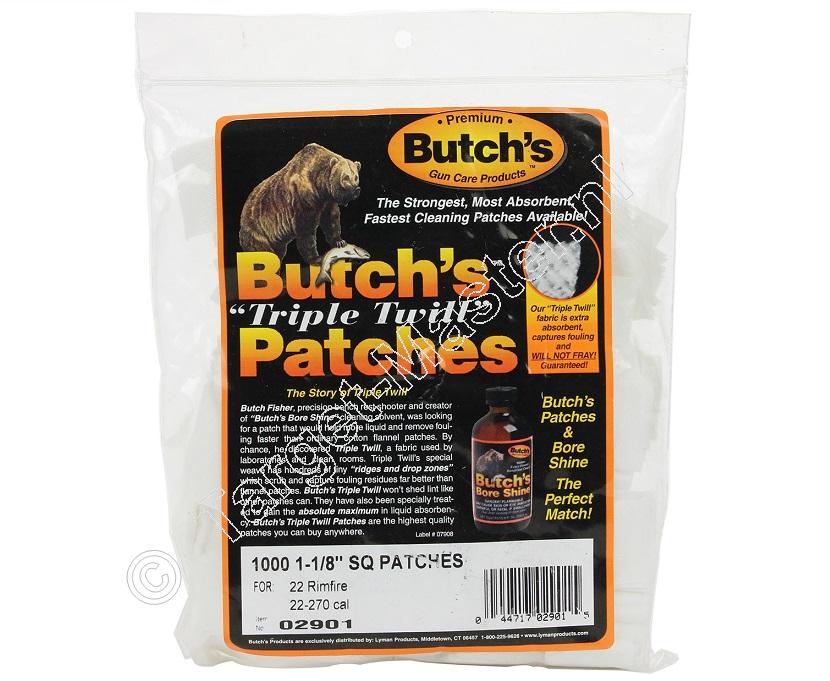 Butchs TRIPLE TWILL Loop Reiniging Doekjes  .22 tot .270, 7mm vierkant 28mm verpakking 1000 stuks